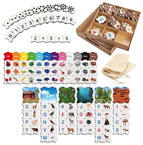 Ulanik Horizon ABC Holzpuzzle, Match Spiel für Kleinkinder, 223 Teile, ab 3 Jahren, Farben, Buchstaben, Zahlen, Natur, Lernspielzeug für Vorschule, Montessori Lernspielzeug