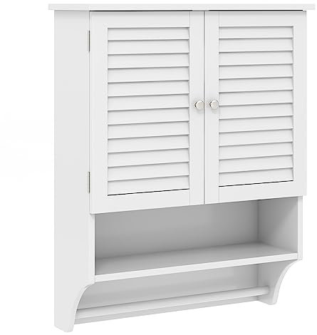 COSTWAY Bathroom Wall Cabinet, Wooden Storage Cupboard with 2 Doors, 3-Position Adjustable Shelf & Towel Bar, Wall Mounted Medicine Cabinet Unit for Kitchen, Living Room and Hallway (White)
