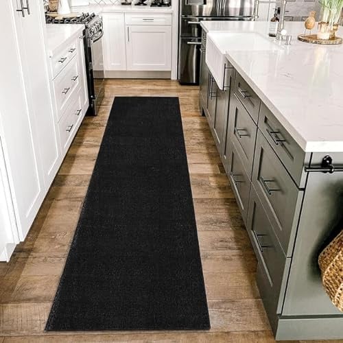 HomebyHome Kurzflor Teppich Läufer Flur 60x110 cm Schwarz - Waschbarer Teppich für Schlafzimmer, Wohnzimmer und Ideal als Küchenteppich - Flauschiger Teppich Extra Weich, Einfarbig, rutschfest, Klein