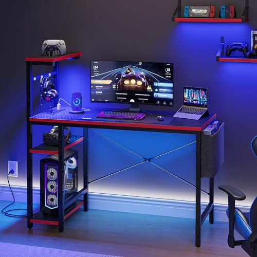 Bestier 113CM Corner Computer Desk with Power Outlets Computer Desk with LED Lights Reversible Writing Table with Side Pocket Storage Bag & Accessories Hanger for Home Office Small Space