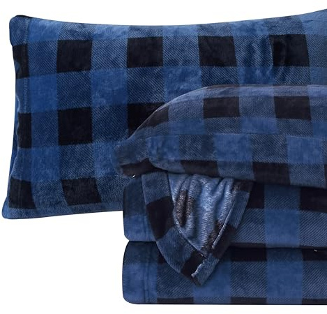 Elegant Comfort Luxuriously Soft 4-Piece Velvet Plush Flannel Sheet Set - Premium Quality - Cozy Warm, Anti-Static, Non Pilling Fuzzy Velvet Flannel Fleece Deep Pocket Sheet Set - Queen, Buffalo Blue