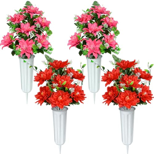 SIFOEL Set of 4 Artificial Cemetery Flowers, Artificial Grave Memorial Flowers with Vase for Graveyard, Headstone Decoration
