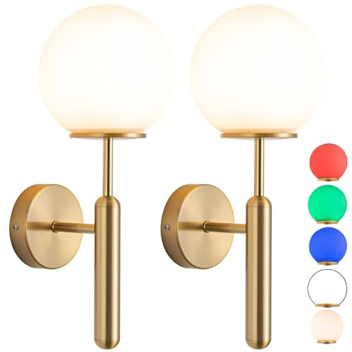 Aiehnid Battery Operated Wall Sconces Set of 2,Brass Wall Lights Fixtures with Remote Control,Wall Lamp with Glass Lampshade,Dimmable Light Non Hardwired Design.for Bedroom,Living Room(Color : Gold)
