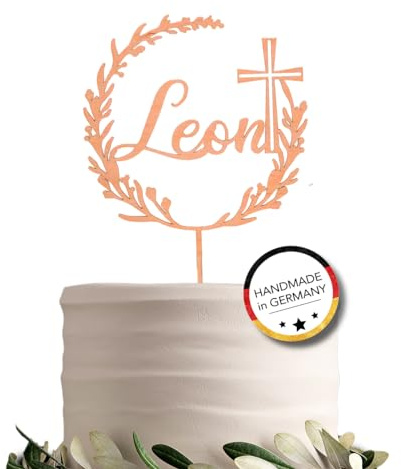 ELEFANTEN HOLZ Individueller Cake Topper aus Holz mit Namen zu Kommunion, Geschenkidee, Geburtstag, Taufe, Hochzeit, Kommunion (Taufe 3/4 Kreuz)