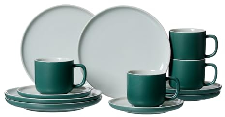 Ritzenhoff & Breker Kaffeeservice Jasper, 12-teilig, Grün, Steinzeug, Tassen Untertassen und Teller für 4 Personen