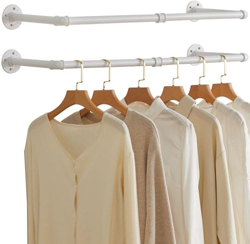 IBUYKE Tringle à Vêtement Mural 94cm, Lot de 2, Métal Portant à Vêtements Murale Industriel, Capacité de Charge de 50kg, Amovible Barre de Penderie Murale pour Suspendre des Vêtements, Blanc TYJ001W-2