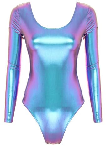iEFiEL Damen Metallic Body Lackleder Bodysuit Catsuit Wetlook Jumpsuit Langarm/Kurzarm Turnanzug Ballettbody Trikotanzug Tanzkostüm Laser Blau + Violett XL