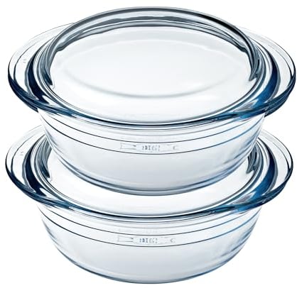 Ôcuisine® Casserole Glass Round Dishes with Handles Oven Safe - Freezer Safe - Microwave Safe Borosilicate Glass Made in France (3LT Casseroles Pack of 2)