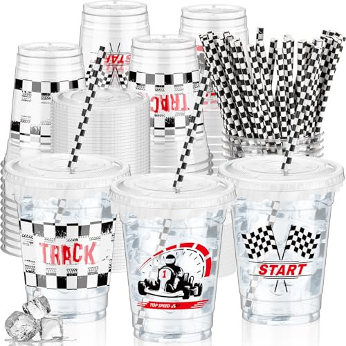 FoldTier 50 Pcs Checkered Racing Party Plastic Cup 12 oz Checkered Flag Thick Clear Cup Black and White Cups Race Car Birthday Party Supplies for Racecar Sports Themed