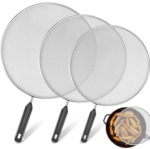 3Pcs Splatter Guard with Handle, 9.8 in+11.4 in+13 in Stainless Steel Mesh Splatter Screen Splash-Proof Oil Splatter Guard Temperature Resistant Splatter Cover for Cooking Frying Pan