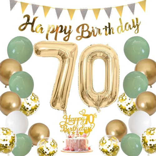 Moorle Geburtstagsdeko frau 70 jahre, Salbeigrüne Deko 70. Geburtstag Männer, Grün Weiß Gold Luftballons 70 Geburtstag, Party Ballons mit Banner Flaggen, tortendeko für 70.ter Geburtstag Dekoration