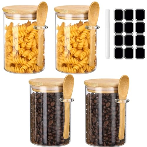 Gigtoop Vorratsgläser mit Deckel und Löffel, 4er 540ml Overnight Oats Gläser,Vorratsdosen Glasbehälter Meal Prep Glas mit deckel,Zucker, Kaffee, Süßigkeiten (4PCS)