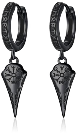 ROMANTICWORK Schwarz Wikinger Runen Ohrringe 925 Sterling Silber Raben Creolen Hängend Huggie Nordische Wikinger KräheSchädel Schmuck Geschenke für Männer Herren
