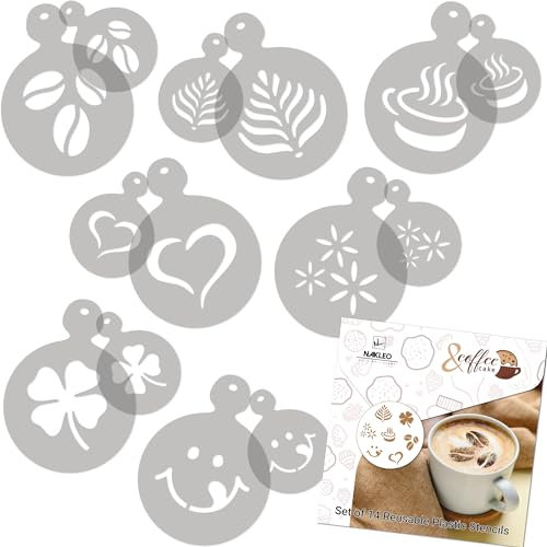 NAKLEO Kaffee Schablonen und Kekse Dekoration 14 Stück 7x7 und 11x11cm, Wiederverwendbare Plastik Backen Vorlage, Kaffee Herz Bohnen, DIY Kunst, Cappuccino Latte Schokolade Torten Kuchen