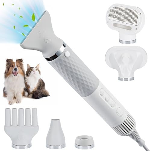 Ownpets Secador de pelo 5 en 1 para perros, secador de pelo portátil, secador de pelo portátil para mascotas, secador de pelo silencioso para perros y gatos, velocidad del viento y temperatura