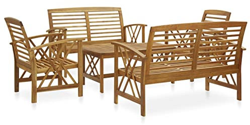 Homgoday Gartenmöbel-Set, 5-teilig, massives Akazienholz, 2 x Bank + 2 x Sessel + Tisch