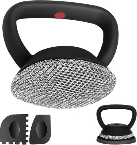 Xummi Gusseisen-Reiniger, Gusseisen-Pfannen-Reiniger+2 Pfannen-Grill-Schaber + 1 Matte, 316 Stahl, Kettennetz-Schrubber mit Griff für Gusseisen-Pfannen und Bratpfannen, spülmaschinenfest (Schwarz)