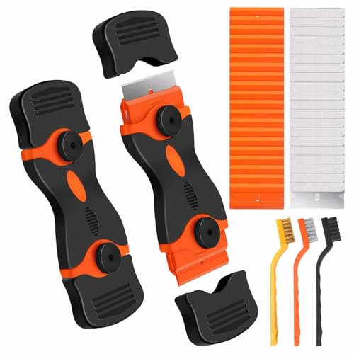 Scraper Tool, Double-Edged Glass Scraper with 20Pcs Steel Blades 20Pcs Plastic Blades and 3Pcs Brush, Cleaning Scraper Tool Set Non Scratch for Window Hob Oven Floor Removing Decals Labels
