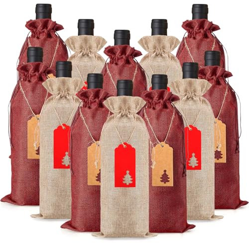 Lot de 12 sacs à vin en toile de jute réutilisables avec 30 étiquettes cadeaux, sac à vin avec cordon de serrage, sac à vin pour vin, champagne, mariage, fête de Noël