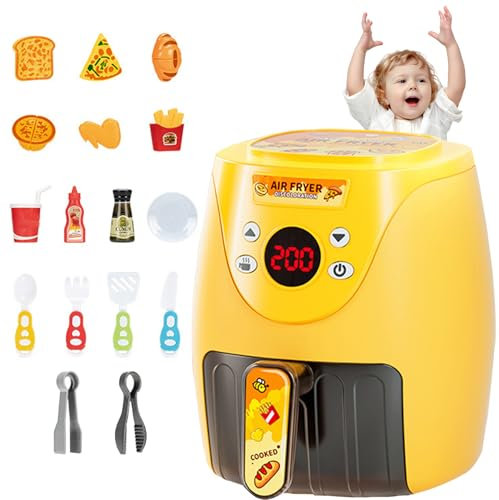 15 Piezas Freidora de Aire de Juguete con Accesorios Toy de Cookies Maker con música y Luces Color Cambio de Alimentos Juguete para más de 3 años Set de Cocina para niños Amarillo