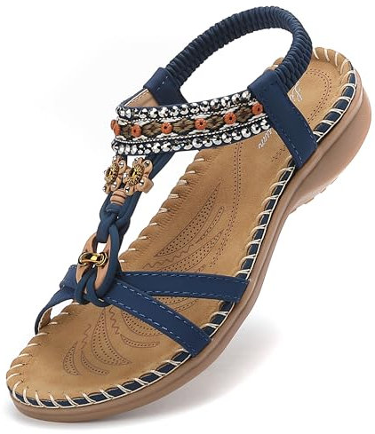 Littleplum Sandalen Damen Sommer Freizeit Flache Sandalette Bohemia Sandals mit Strass Perlen Freizeit Elegant Strand Schuhe,B Blau 39 EU