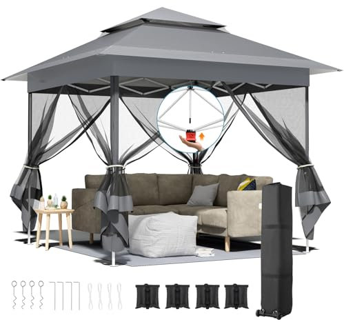 Tonnelle Pliante 3,3 x 3,3 imperméable,avec 4 Toiles Moustiquaires, One Push Tonnelle de Jardin,Tente de fête à Double Toit, 4 PCS Sacs de Sable, pour terrasse/marché/Camping/Plage, Gris Foncé