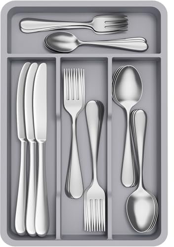 Lifewit Small Cutlery Tray, 31.5x19.8cm Cutlery Drawer Organiser Utensil Holder for Kitchen Storage Spoon Fork Knives,4 Compartments,Grey