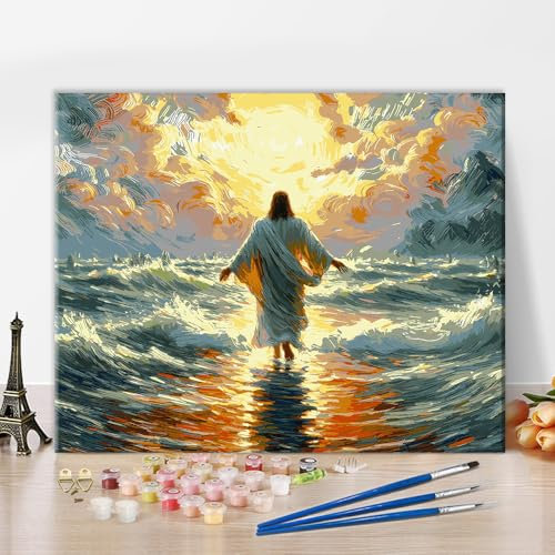 TISHIRON Peinture par numéro Jésus Foi religieuse Soleil et Paysage marin Art mural 40,6 x 51,6
