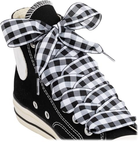 Puzeam 2 Pares Planos Satín Cinta Cordones de Zapatos 25mm Ancho Cordones a cuadros para Zapatillas,botas,Bailarinas Pumps（L-Negro Blanco, 120）