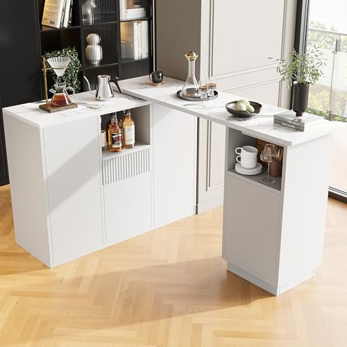 IHO SOFA Moderner Ausziehbar Bartisch mit 360° Drehfunktion, Küche Bartisch mit Stauraum, Ausziehbarer Esstisch mit Marmorplatte, Barmöbel Stehtisch Bistrotisch Kücheninsel mit Bar, Weiß