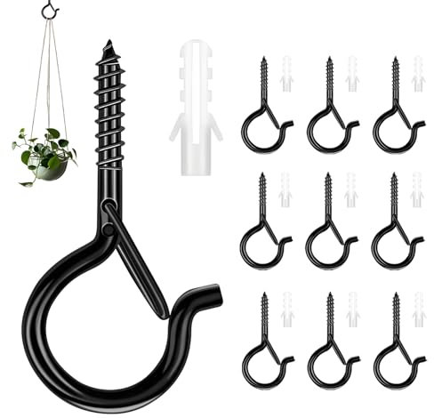 AONAYO Lot de 10 crochets à visser noirs en acier inoxydable, crochets à visser avec sécurité, crochets de plafond, vis à crochets pour suspendre paniers à plantes, décoration de Noël, lumières de