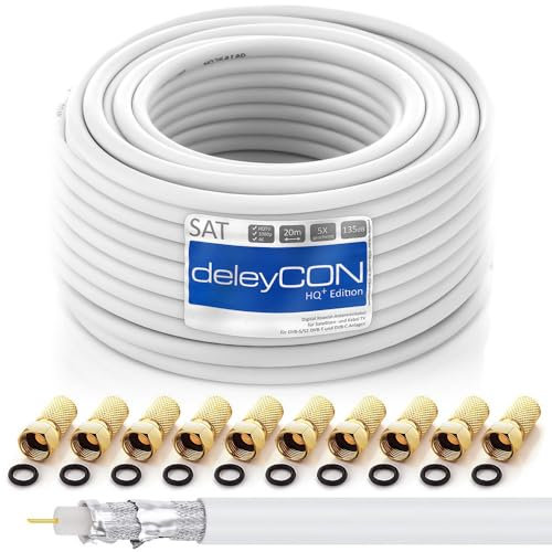 deleyCON HQ+ - Cable coaxial de satélite (20 m, 135 dB, apantallamiento de 5 vías, para DVB-S, S2 DVB-T y DVB-C, 4K, 1080p, Full HD, HDTV, incluye 10 conectores F dorados)