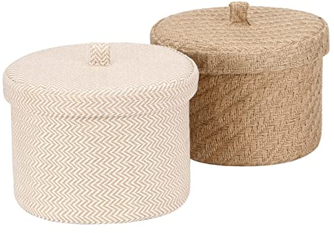 Sea Team Aufbewahrungskorb aus Jute und Baumwolle, Leinen, entzückendes, rundes Box für Toilettenartikel, verschiedene Gegenstände, 5 Liter, Organizer für Schreibtisch-Gadgets mit Deckel, mittlere
