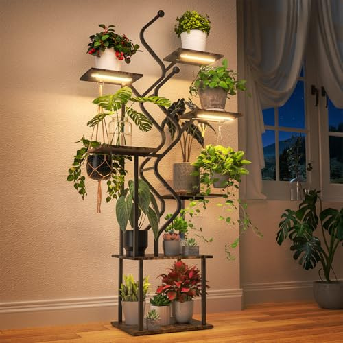 Bstrip 7-Tier 158cm Indoor Plant Stand with Grow Lights | 7 Tier Display Shelves, Full Spectrum Grow Lights, Hanging Hooks Included, Metal Frame, Living Room & Balcony Decor