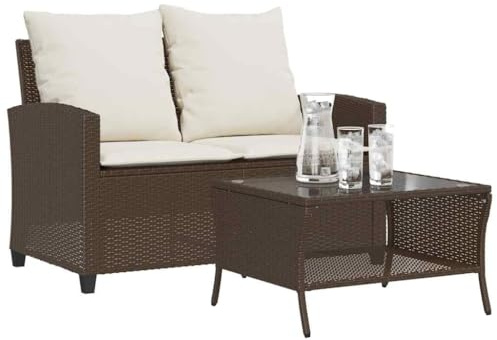 HaoChrymec Gartensofa 2-Sitzer mit Kissen & Tisch, PE Rattan, Robuster Stahlrahmen, Lounge Möbel Outdoor, Balkon Sofa, Braun, 116 x 72 x 79 cm
