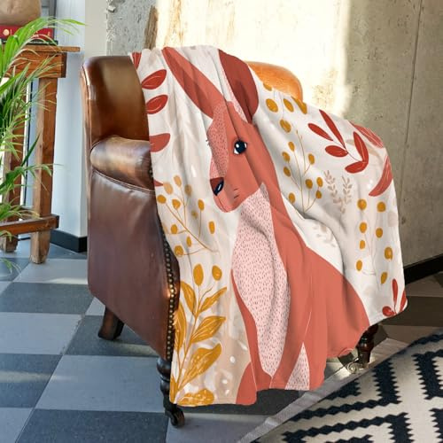 Batmerry Cute Kangaroo In Light Red Throw Blanket for Couch Sofa Bed, Adorable Kangaroo With Plants Super Soft Warm Fuzzy Plush Blankets Decor Lightweight Cozy Travel Camping Blanket 60 x 80 IN