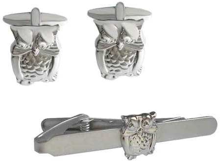 magdalena r. Eulen Set Manschettenknöpfe und kurze Krawattennadel 5,3 cm lang silbern glänzend + Geschenkboxen