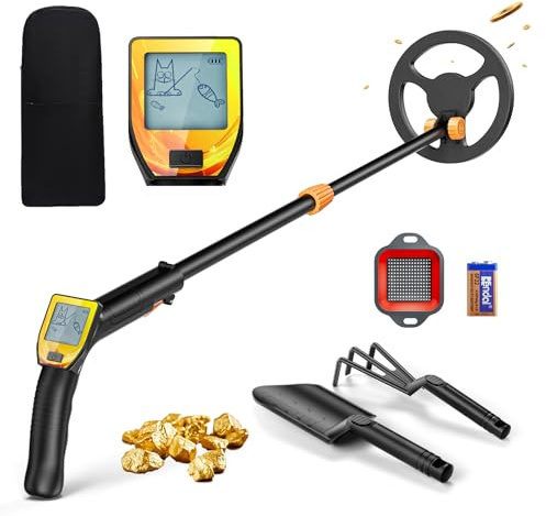 Metal Detector Bambini, Metal Detector per Bambino Leggero con Asta Regolabile 66-83 cm, Display LCD e Bobina di Ricerca Impermeabile, Pala, Rastrello, Setaccio e Borsa, Arancione