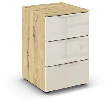 Rauch Möbel Flipp, Nachttisch, Glas Beige/Eiche Artisan, Maße 40x61x42 cm | Nachtkommode, 3 Schubladen, mit Glasfront, Soft-Close-Funktion, für Schlafzimmer, Kinderzimmer, Jugendzimmer, Gästezimmer