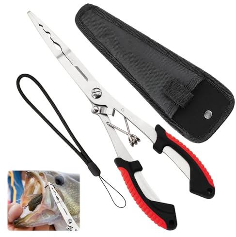 Long Nose Fishing Pliers with Scissors,Lanyard,Stainless Steel Fishing Hook Remover Plier Tool,Fishing Scissors,Line Cutter,Split Ring,Fishing Pliers HookRemover,Fishing Gear Accessory,Gifts for Men
