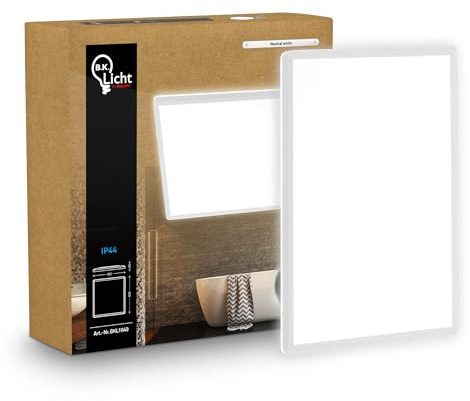 B.K.Licht - LED Deckenlampe mit indirektem Licht, Flach, Neutralweißes Licht, IP44, Panel, LED Lampe, Deckenleuchte, Badezimmer Lampe, Wohnzimmerlampe, Küchenlampe, 42x42x3cm, Weiß