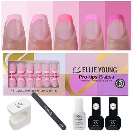 Ellie Young 150pcs French Tips Pre-made Nail Tips, Soft Gel Press On Nails Pink Pastel Short Square Nail Kit,15 Sizes, ProTips Pre-designed Nail Extensions for Easy DIY Salon (SET)