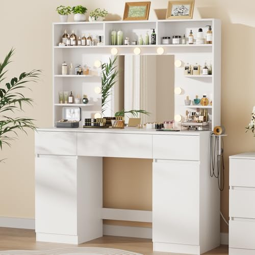 Großer Schminktisch mit Spiegel und Beleuchtung, 107 cm Breiter, Fönhalter