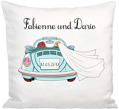 Personalisierbares Kissen als Geldgeschenk Hochzeit | Originelle Hochzeitsgeschenke für das Brautpaar | 40x40cm Hochzeitskissen mit Füllung | Motiv mit Hochzeitsauto Aquarell Wasserfarben