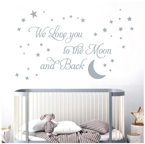 Wandtattoo, Vinyl, Aufschrift We Love You to The Moon and Back, silberfarben