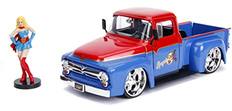 Jada Toys DC Comics Bombshells Supergirl, 1956 Ford F100, Auto, Spielzeugauto aus Die-cast, Türen, Kofferraum & Motorhaube zum Öffnen, inkl. Super Girl Figur, Maßstab 1:24, blau/rot