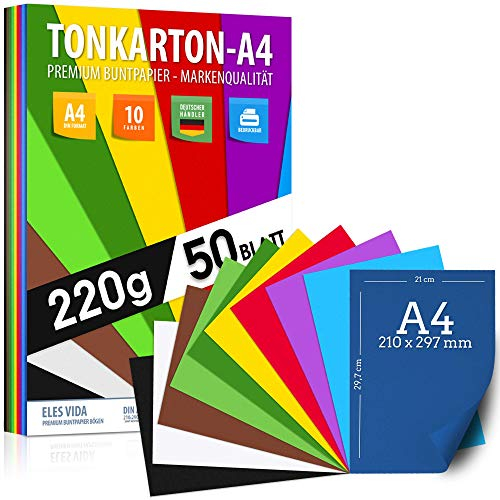 TONKARTON A4 50 Blatt - 220g/m² stark - 10 Bunt Farben Set – Karton Pappe, Farbige Blätter für Schule, Hobby, DIY Bogen, Basteln Zubehör Fotoalben - BLAUER ENGEL & PEFC zertifiziert - MADE IN GERMANY