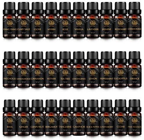 30x10ml Aromatherapie Clary Salbei ätherisches Öl Set für Diffusor, 100% reines Lavendel ätherisches Öl Kit für Luftbefeuchter - Rosmarin, Jasmin,Vanille,Rose,Myrrhe,Nelken,Zeder...Ätherisches Öl Set