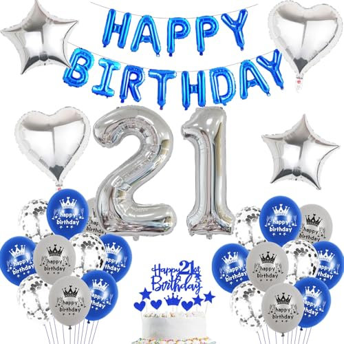 Luftballon 21.Geburtstag Junge blau silber deko Folienballon 21 jahre Geburtstags deko Junge mädchen silber happy Birthday 21th Geburtstagsdeko 21 Ballon 21 jahre Geburtstag mädchen Dekoration (21)