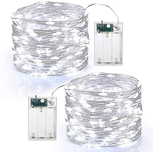 BrizLabs 2 Stück 60 LED Innen Lichterkette Batterie 6M Micro Silberdraht Lichterketten Batteriebetrieben Außen Klein Draht Beleuchtung für Weihnachten Zimmer Party Garten Hochzeit DIY, Kaltweiß